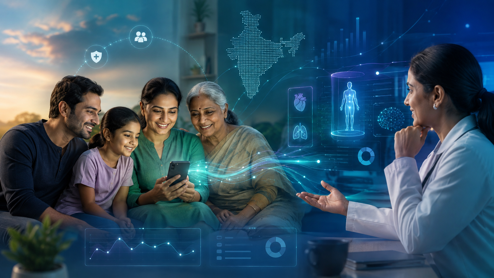 An Indian family looking at their health information, with a clinician shown alongside